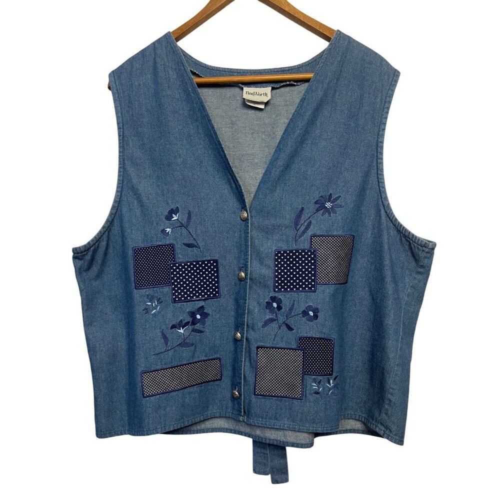 VTG Bon Worth Women Denim Vest Floral  Geometric Embroidery Button Front Size XL